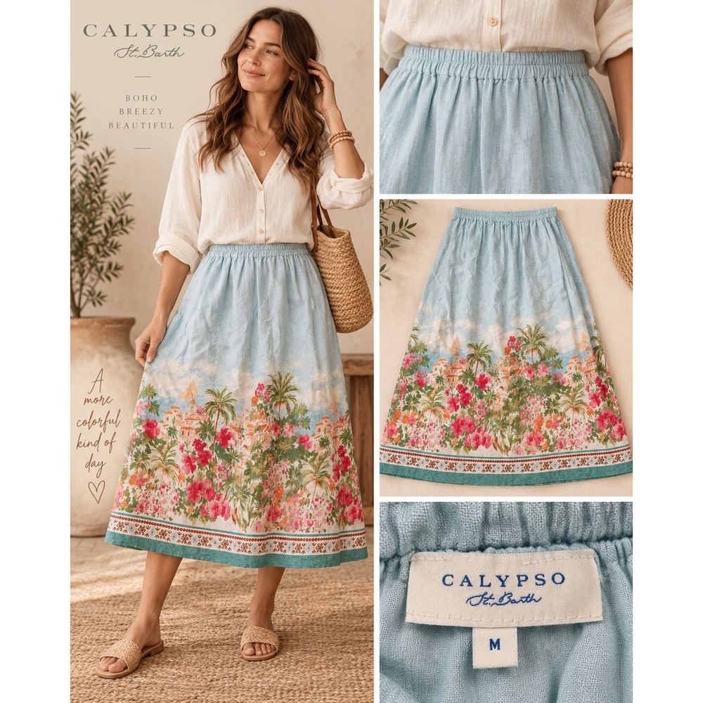 Calypso St. Barth Linen Midi Skirt Blue Tropical Floral Landscape Print Size M